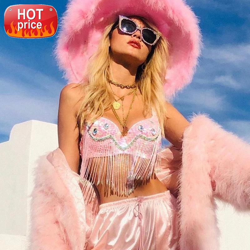 

Shiny Sequins Rhinestones Crop Top Women Sparkly Long Tassels Latin Dance Belly Dance Costume Rave Party Clubwear Tank Tops #gg2A, White