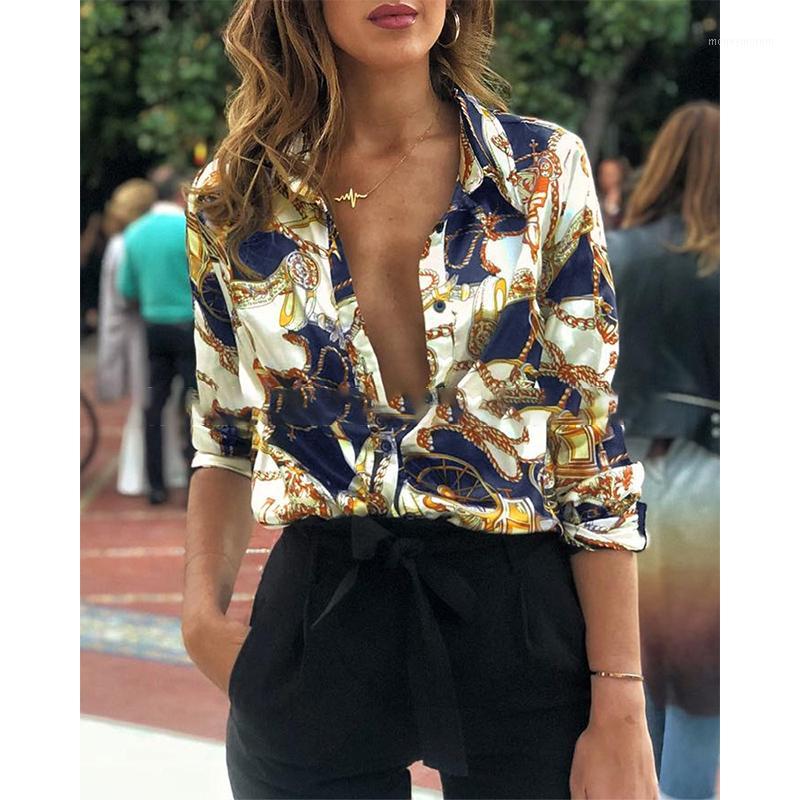 

Women' Blouses & Shirts V Neck Chain Print Button Shirt Womens Ladies Casual Long Sleeve Blouse Tops Sexy Beach Slim Fit Plus Size1, Multi