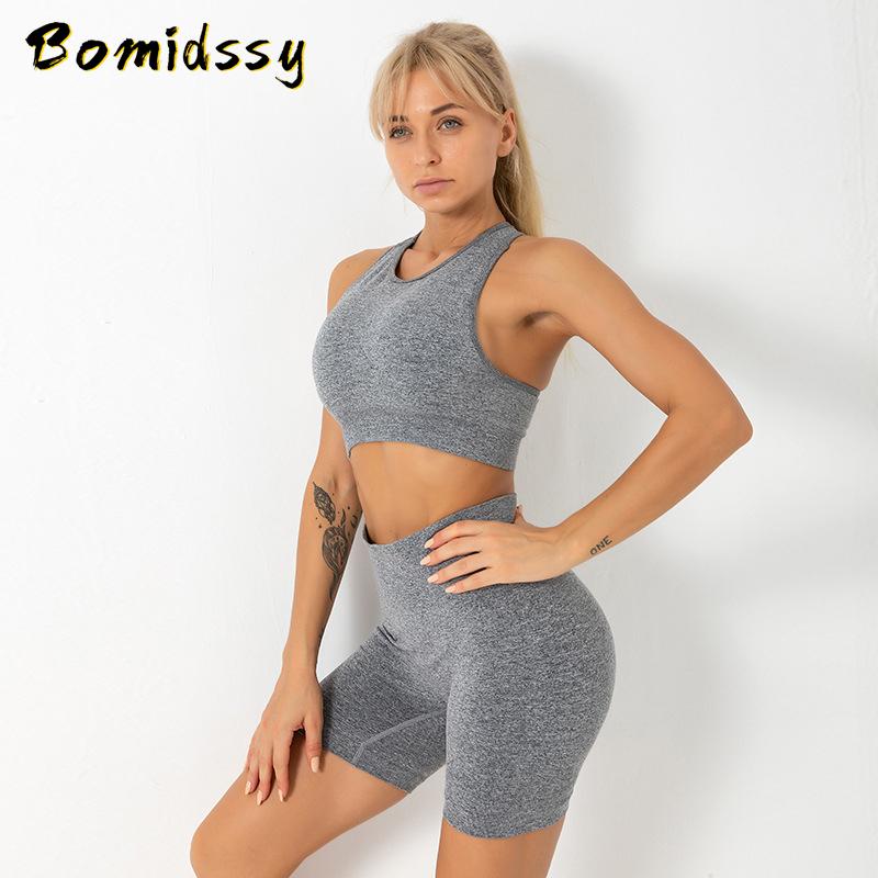 

Seamless Yoga Sports Bra Set Women' Running Workout Wear High Waist Stretch Fitness Yoga Pants Sports Shorts Fashion Leggings, Gray bra shorts