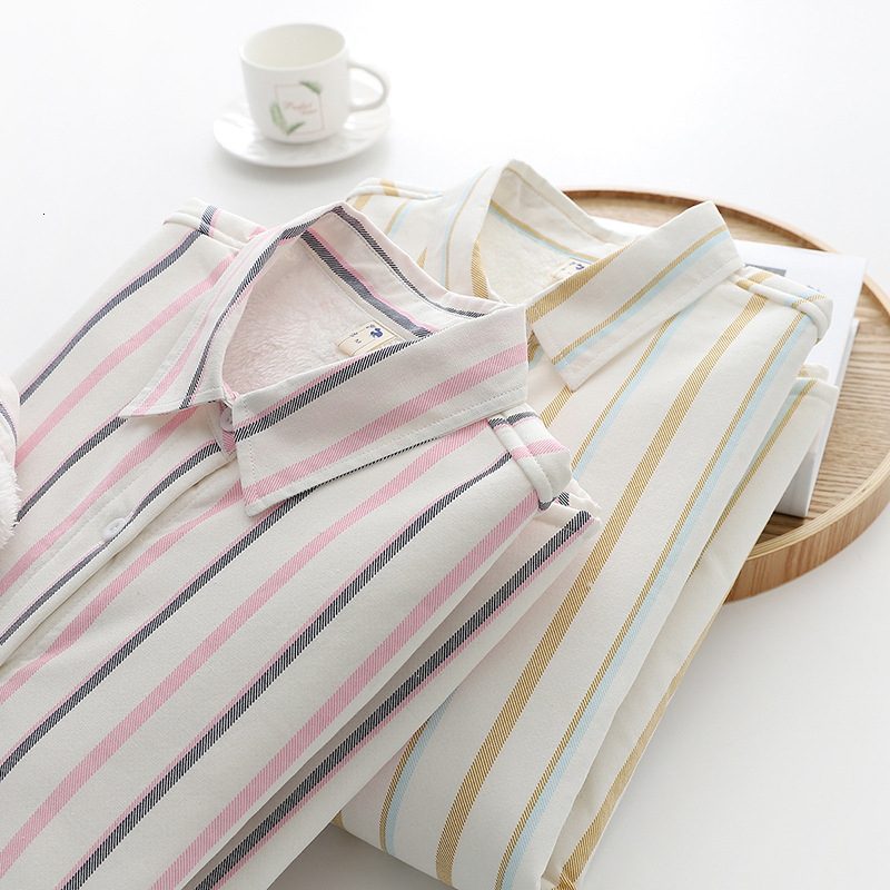 

2021 New Thick Veet Shirts Womens Keep Warm Striped Blouses and Tops Long Sleeve Female Clothes Outwear Winter News Dxza, Pink