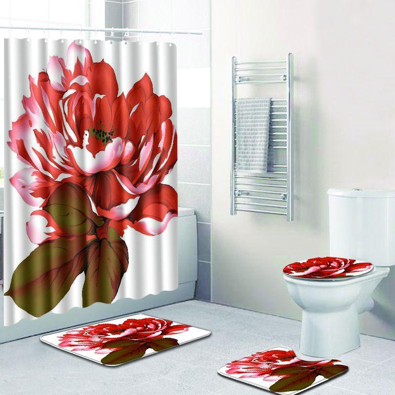 

Bathroonm decoration shower curtains 3d flowers printed bath curtain set waterproof fabric rose bathroom curtain with mat