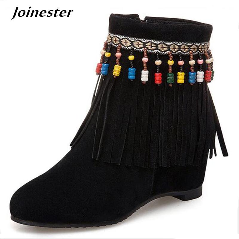 

Retro Winter Boots Women Winter Shoes Bohemia String Beads Ankle Boots for Ladies Plus Size Suede Fashion Girls Tassel Shoes, Beige