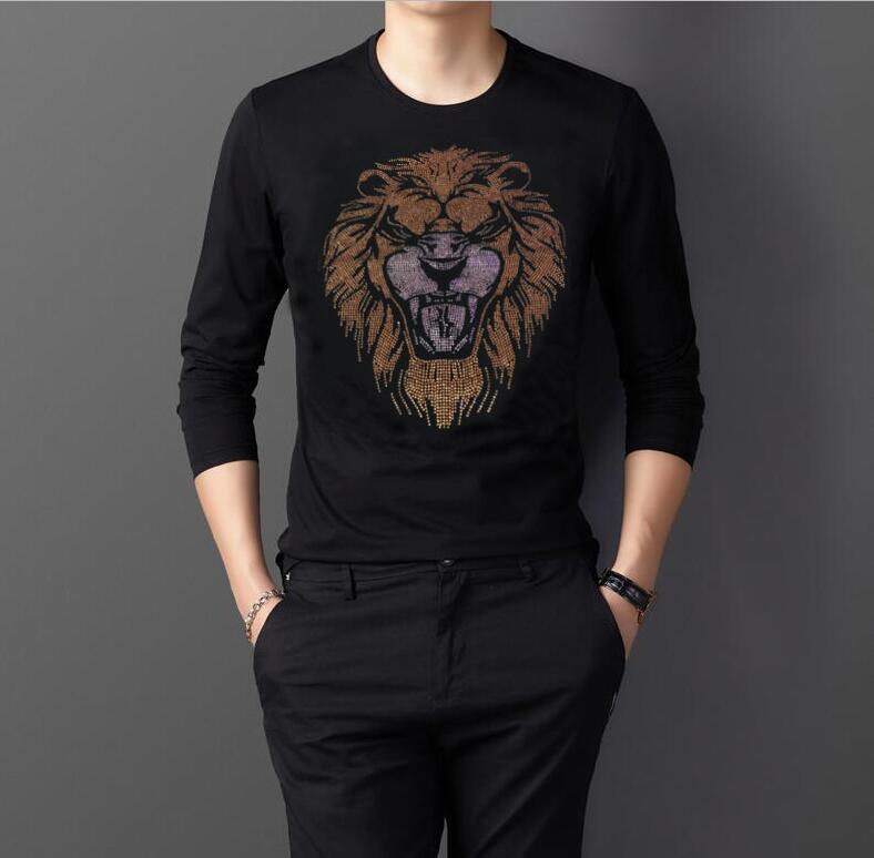 

2021 New Rhinestones Spring Autumn Casual Tshirt Solid Color Hot Drill Men Long Shirts 2rau, As show