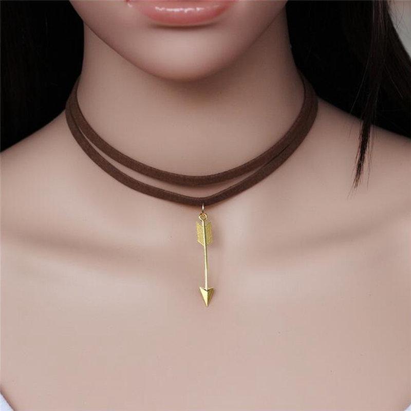 

New Fashion Gold Arrow Pendant Necklaces Vintage Double Layer Black Brown Velvet Chain Choker Necklace For Women Jewelry Gifts, Golden;silver