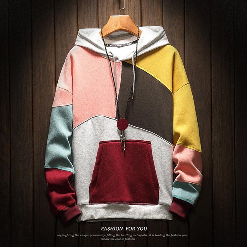 

Autumn Hoodie Men Pullover Men's Color Block Fashion Sweatshirts Men's Patchwork Japanese Retro High Quality Hooded Hoodies, Pink thick