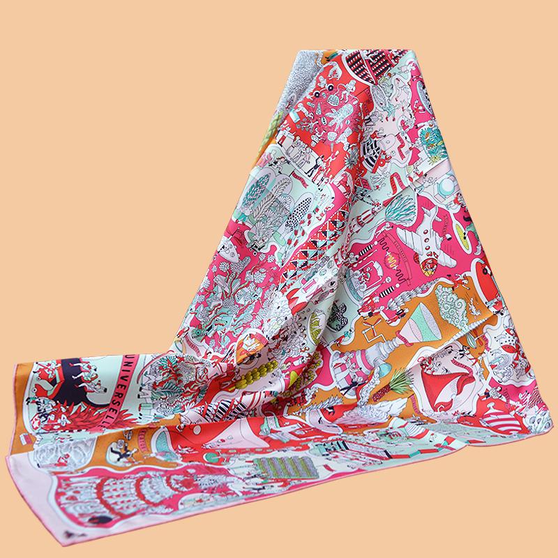 

HuaJun 2 Store||cute pink "Exposition Universelle" 90 silk scarf, twill printing, anti-wrinkle, handmade stitching