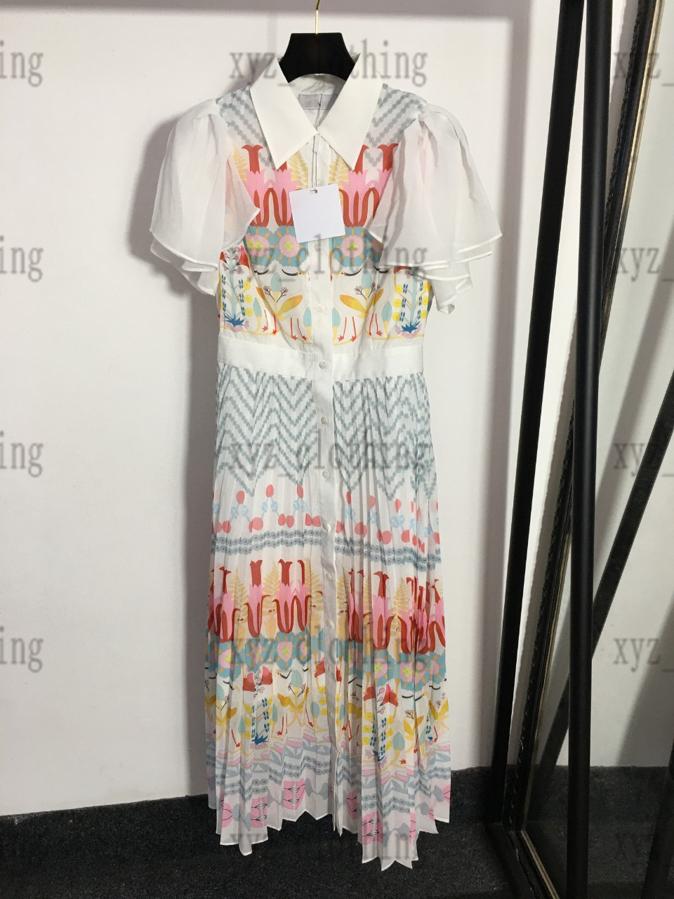 

women 2 piece dress sets Temperament flower print Feifei short-sleeved waists pleated dress high waist dresses summer high-end Collar Drawstring Design skirt, Pink