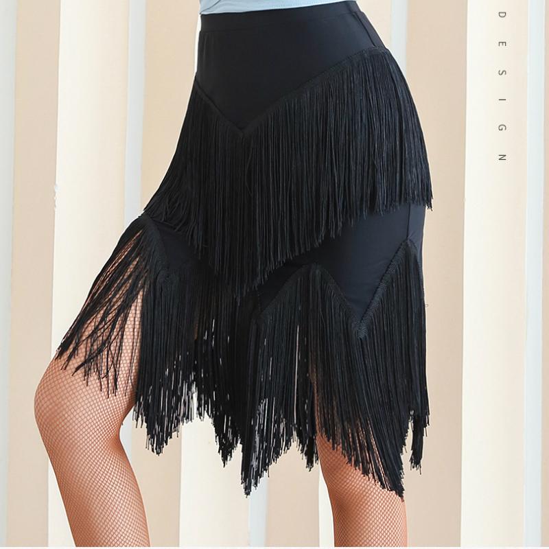 

Latin dance skirt spring new female adult sexy double tassel skirt art test training performance for women dance, Black