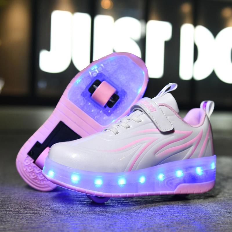 

Parent-Child Roller Skates Flame Leather Upper Charging LED Shoes Double-Wheeled Shoes Size 28-40 Colorful Luminous Sneakers, Whiteblack