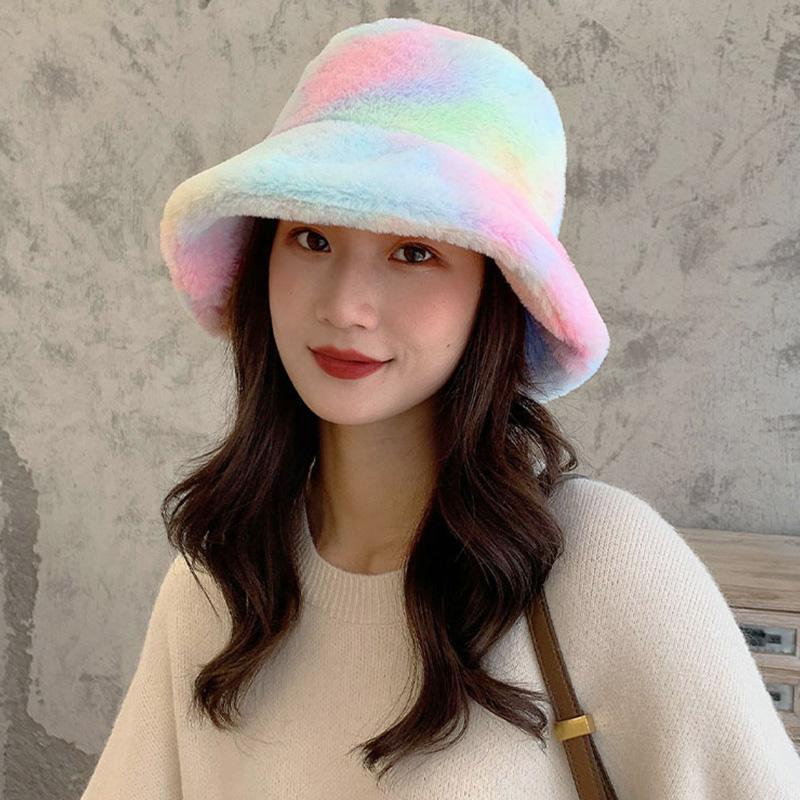 

New Fashion Rainbow Gradient Color Faux Fur Hat Women Autumn Winter Outdoor Warm Fisherman Hats Female Elegant Casual Bucket Cap, Black