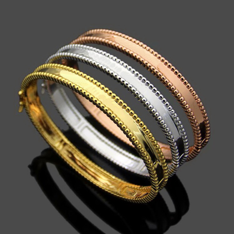 

New Arrival Fashion Lady Brass Double Rows Beads Lettering Signature 18k Gold Plated Engagement Wedding Bead edge Bangle Bracelets 3 Color, Black