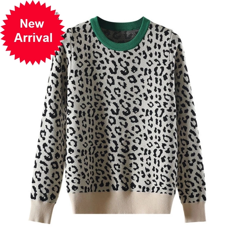 

Outono inverno blusas femininas leopardo pulveres de malha manga longa contraste cor crewneck jumpers sweter mujer C-429, Green