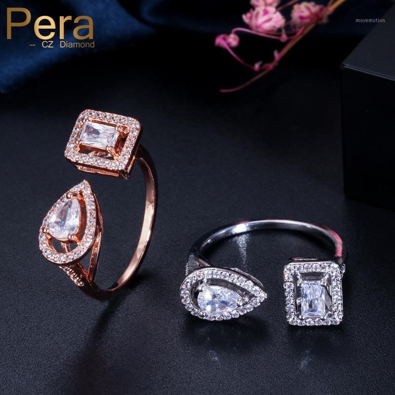 

Pera New Arrival Adjustable Design Jewelry Mirco Pave Big Square Shape Cubic Zirconia Open Cuff Finger Ring for Women Party R1061