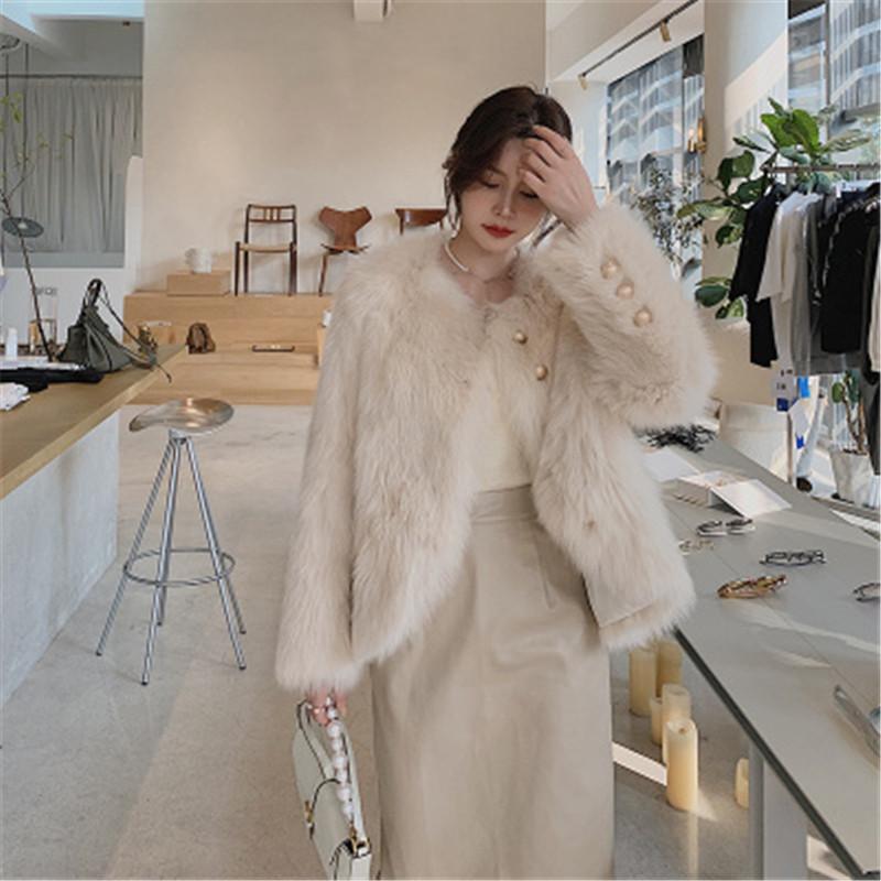 

Fur Coat 2021 New Autumn and Winter Women' Korean Pure Color High Quality Fur Cardigan Coat Loose Short Fashion Pearl Top, White
