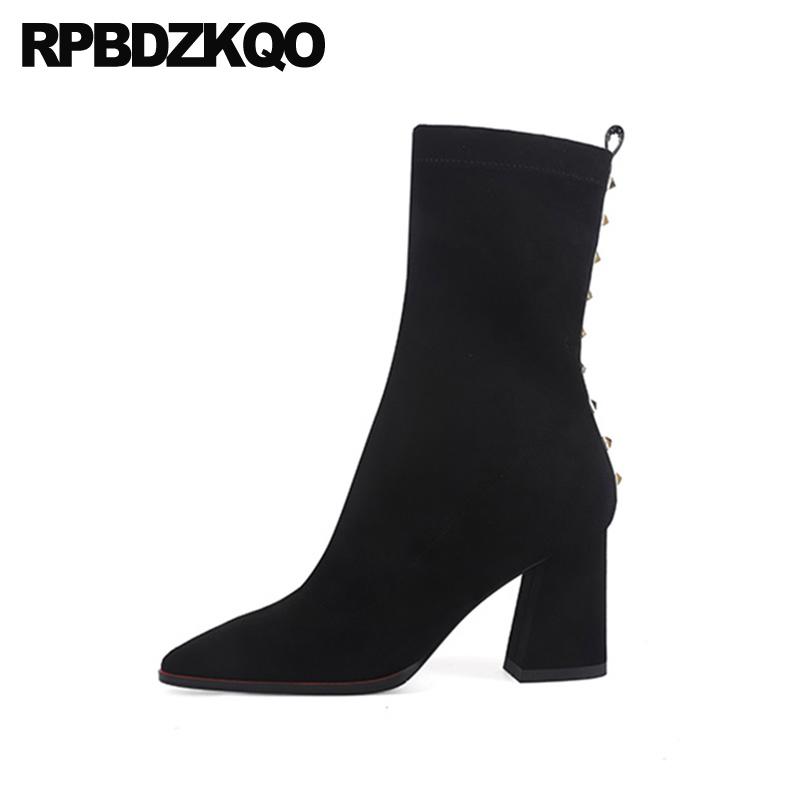 

ladies winter boots high heel shoes women studded black slip on pointy suede ankle autumn 2020 pointed toe chunky