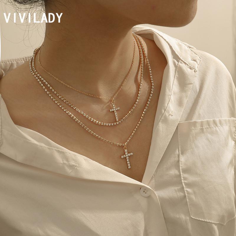 

VIVILADY Romantic Imiation Crystal Multilayer Cross Pendant Women Choker Necklace Chic For female Girl Birthday Jewelry Gift