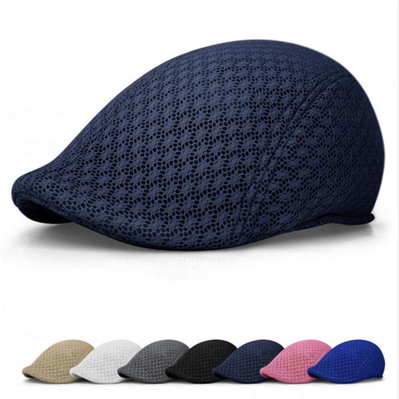 

New Style Summer Unisex Men Women Sun Mesh Beret Cap Newsboy Golf Cabbie Flat Peaked Hat Casquette Breathable Berets, Beige