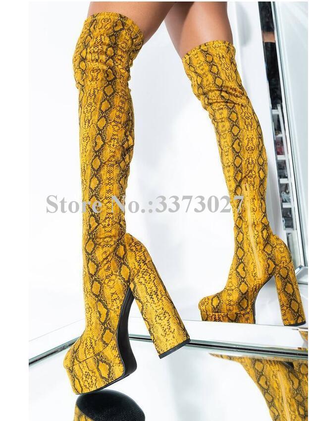 

Woman Sexy Yellow Snakeskin Chunky Heel Long Boots Fashion Design Platform Over the Knee Boots Lady New Banquet Winter1, As picture