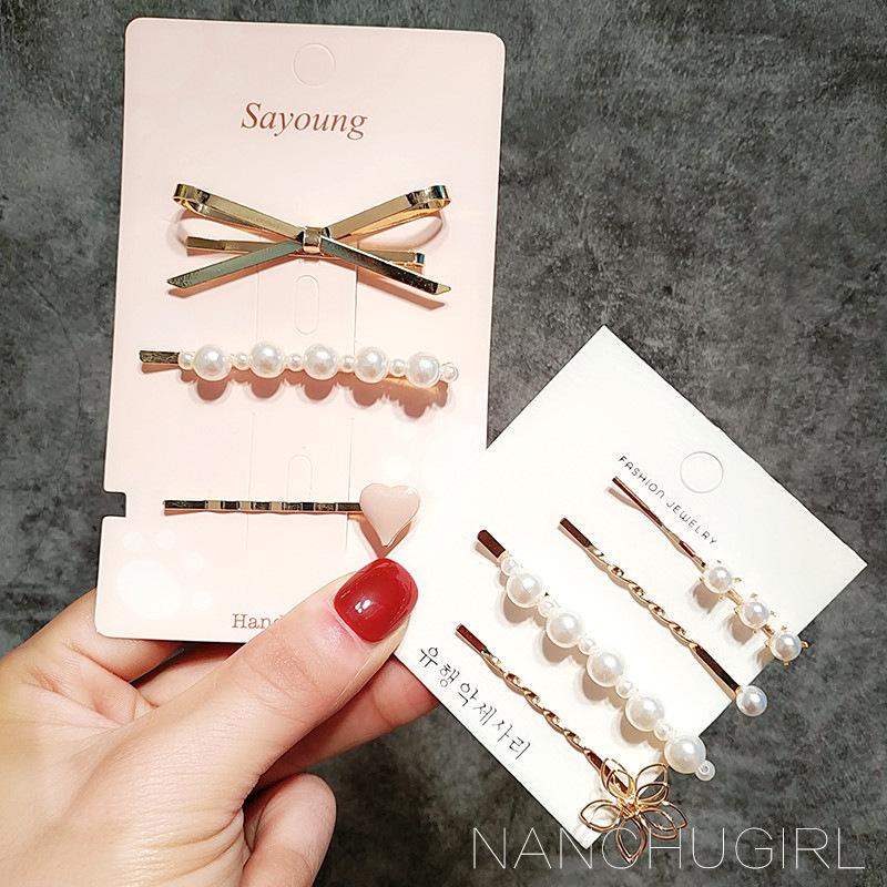 

Korean Fashion Simple Rhinestones Imitation Pearl Geometry Hairpin Combination Temperament Sweet Girl Women Hair Accessories