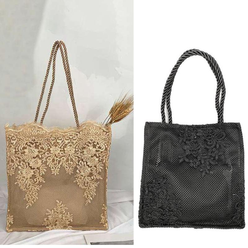 

New Fashion Shoulder Straw Bag Women's Beach Embroidered Lace Bags, Black