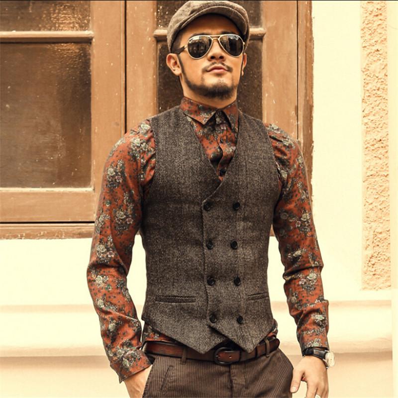 

Men Autumn Suit Vest Casual Fashion Vintage Business Men Waistcoats Woolen Double Breasted Men' Winter Sleeveless Jacket A2804, Dark grey