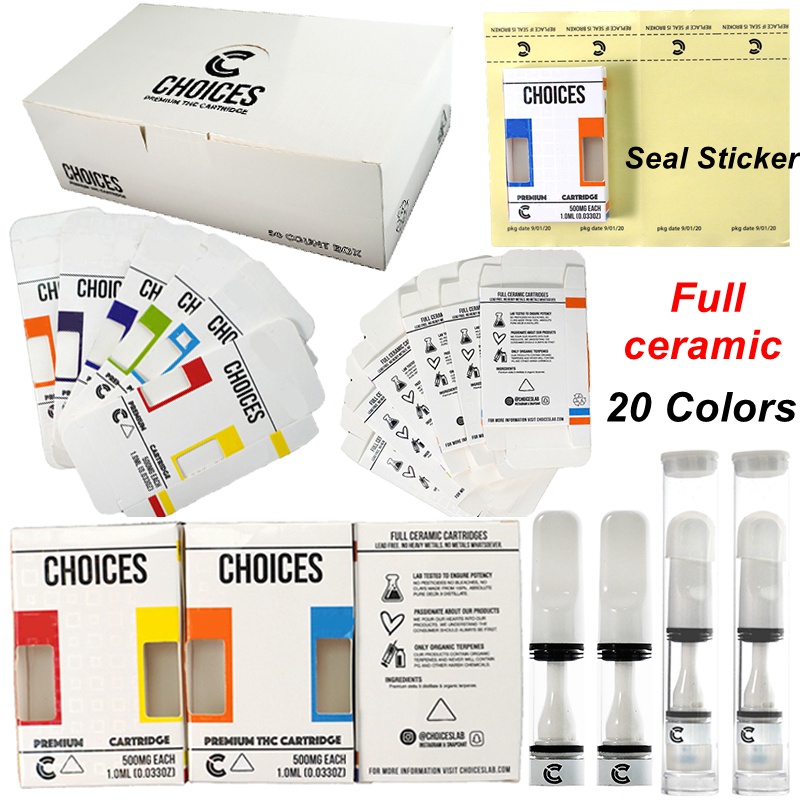 

Choices Vape Cartridges Hologram Box Packaging 0.5ml Full Ceramic Empty Oil Carts Seal Sticker Dab Pen Wax 510 Thread Battery E Cigarettes