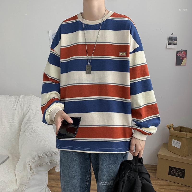

2021 Men's High Collar Pullover Striped Printing Coats Bottomed Long Sleeve Hoodies Cotton Streetwear Casual Sweatshirts -2XL1, Black