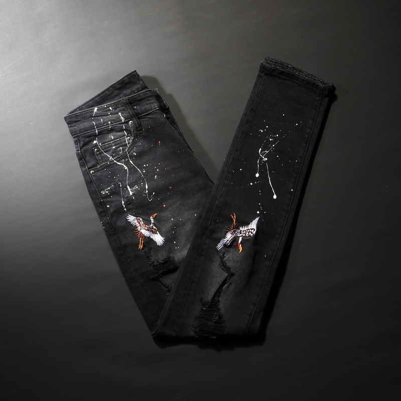 

2021 New American Streetwear Fashion Men High Quality Slim Fit Elastic Ripped Jeans Embroidery Designer Painted Hip Hop Pants Homme A0z9, Black