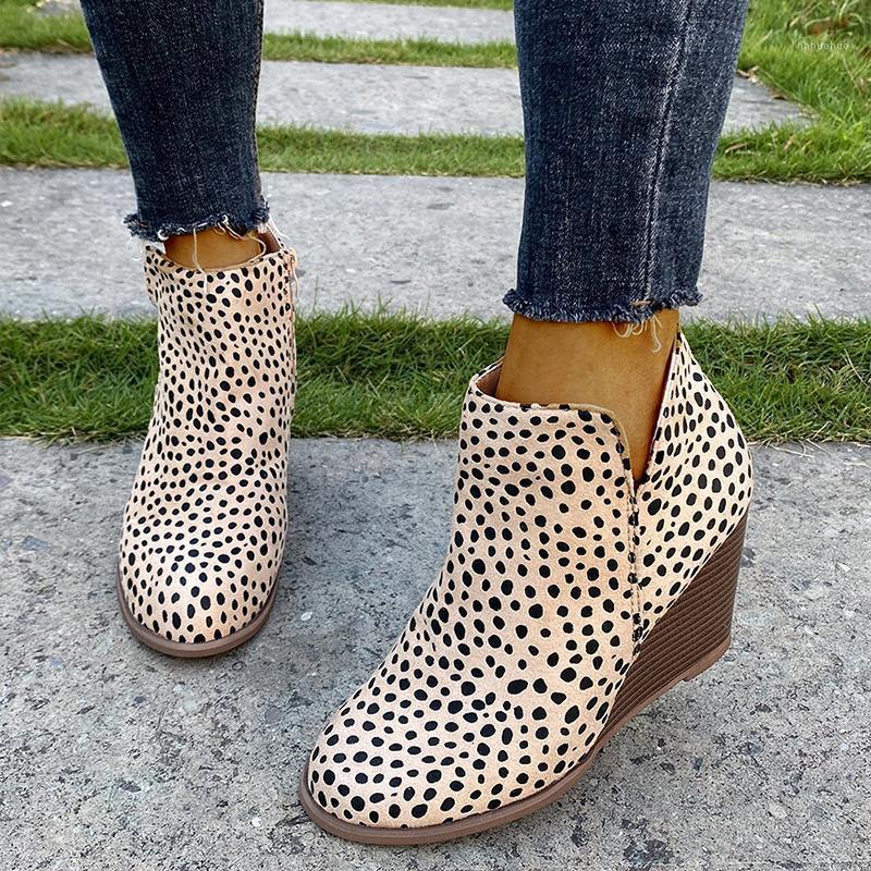 

Women Leopard Zip Height Increase Ankle Boots Women's Flock Wedge Female Short Boots Autumn Winter Woman Shoes Ladies Pump 20211, Black