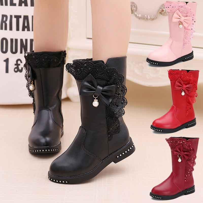 

Winter Autumn Kids Boots Butterfly-knot Rivet Pearl Lace Princess Girls Dress Shoes PU Leather Botas Size27-39 Teenage Snowboots, Cottonr