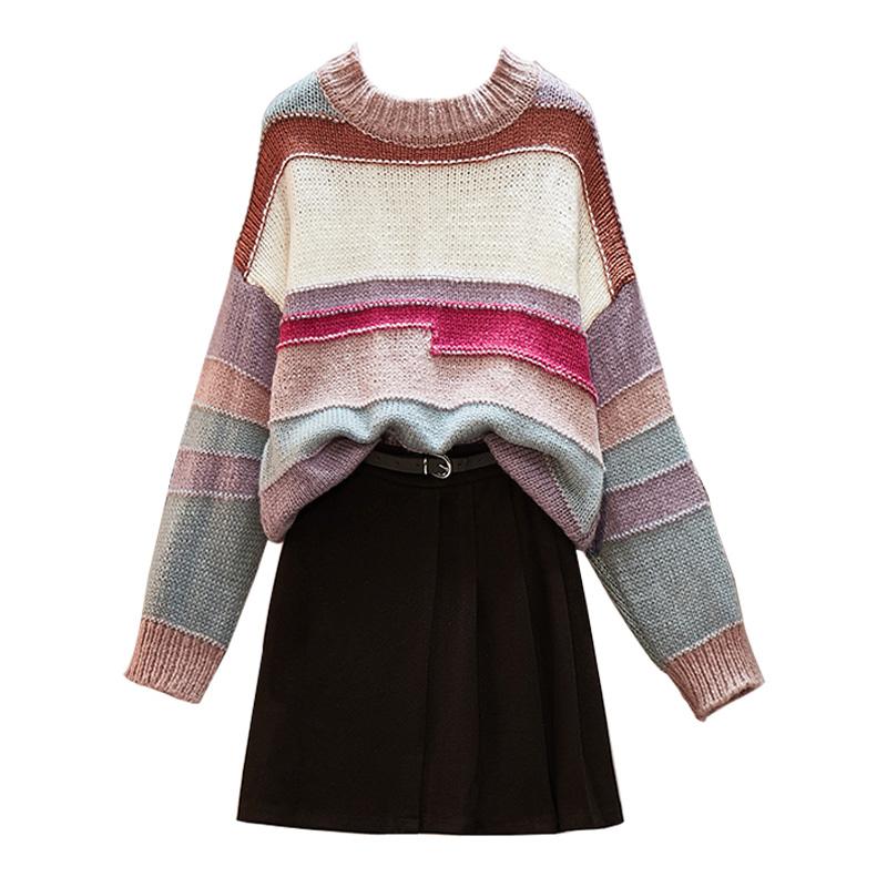 

Women Winter Clothe Warm Elegant Two Piece Set Oversize Stripe Sweater Top And Mini Skirt Plus Size Matching Outfit Tracksuit, Suit