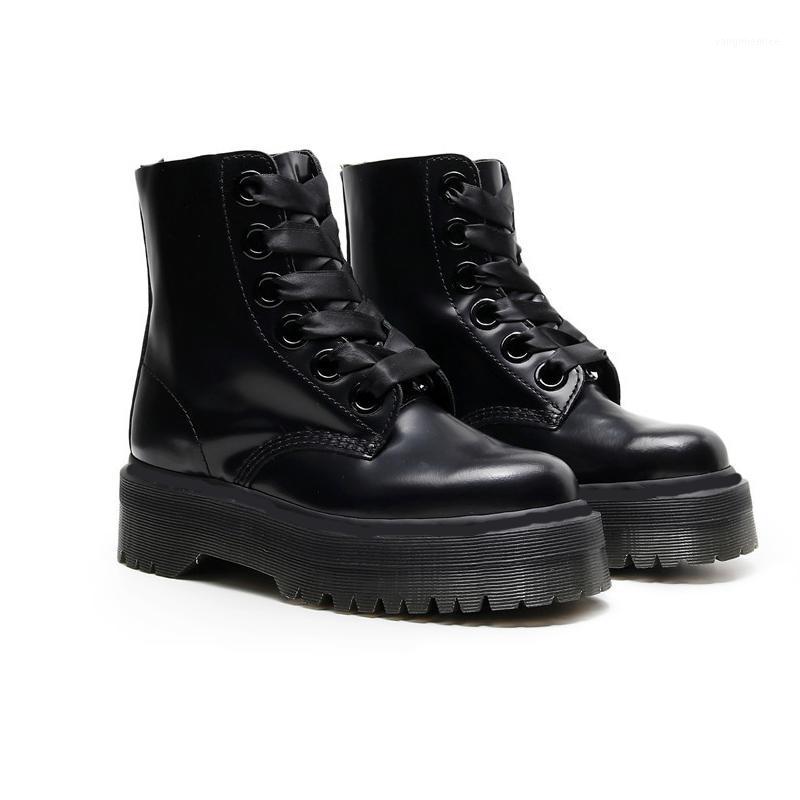 

New platform women motorcycle boots 6 holes genuine leather lace-up round toe black designer short booties size 35-411, Black without box