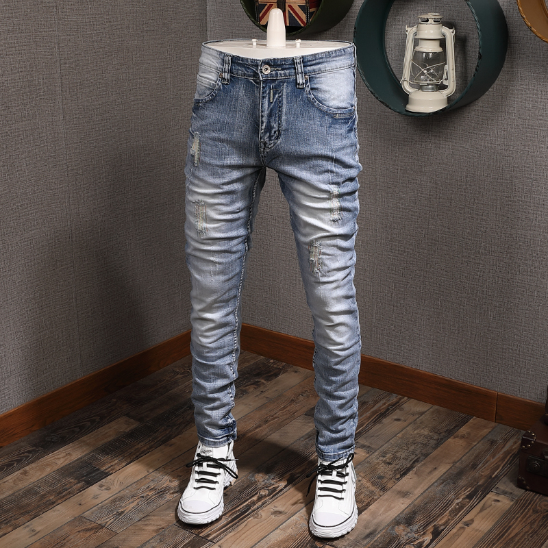 

2021 New Fashion Streetwear Light Blue Slim Fit Elastic Ripped Men Denim Pants Vintage Designer Hip Hop Jeans Homme Ee73