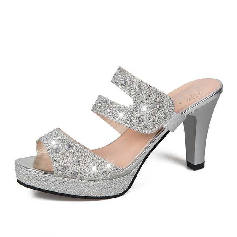 

Classic luxury Designer Shiny New Fashion Thin High Heels Sandals Open Toe Platform Clog Party Woman Silver Slippers 34 TopSelling, Black