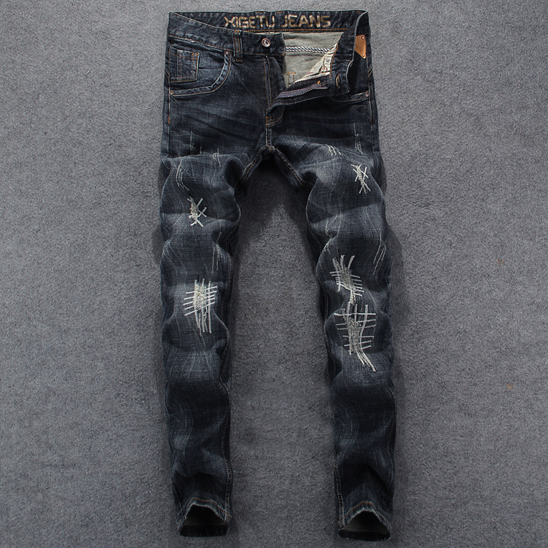 

2021 New Italian Style Fashion Embroidery Patchwork Designer Ripped Men Denim Pants Streetwear Hip Hop Homme Pkau, Black gray