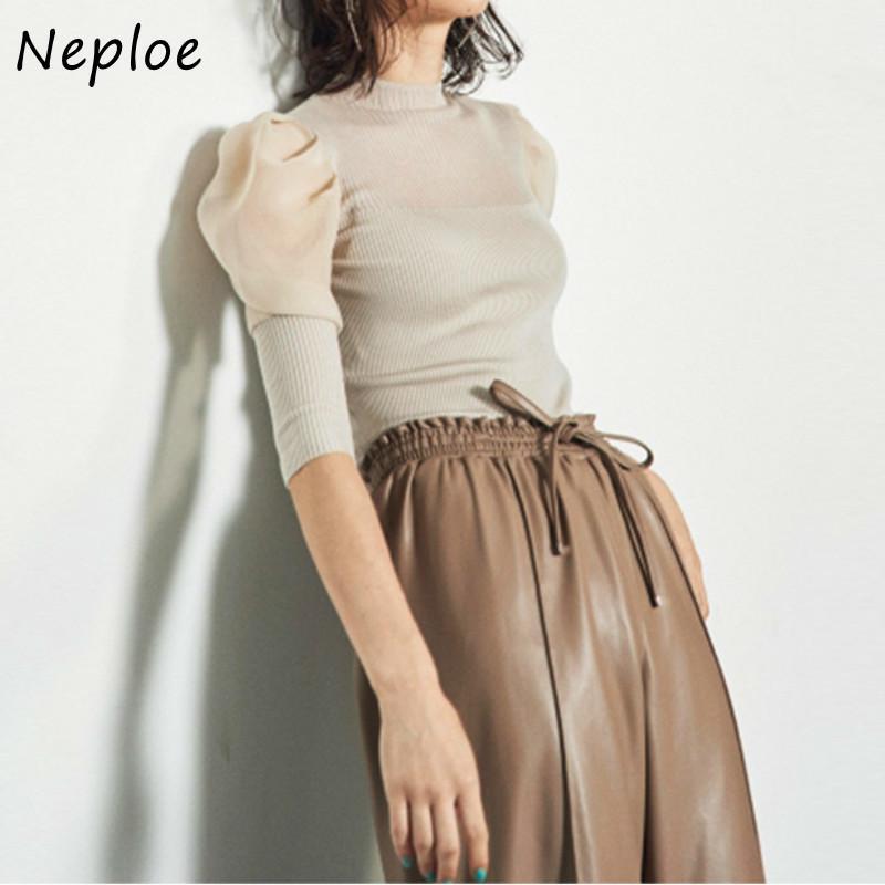 

Neploe 2020 Chic Slim Fit Femme Sweater Three Quarter Sleeve Mash Patchwork Tops Women Autumn O-neck Solid Color Pullovers, Ivory