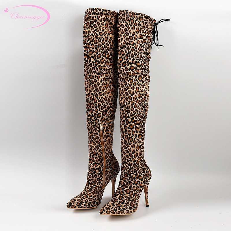 

Party sexy pointed toe slimming knee high boots lace-up zipper black green leopard high heel stiletto riding boots women's shoes1