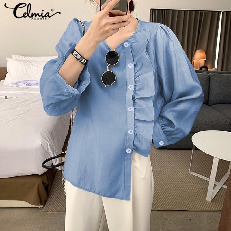 

5XL Celmia Women Ruffles Tops and Blouses 2020 Autumn Sexy Long Lantern Sleeve Buttons Vintage Shirts Casual Loose Female Blusas, White