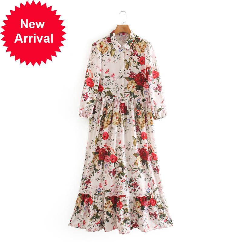 

2021 New Pista Boho Lapela Solta Cintura Alta Roupas Festa Vero Europeu Moda Feminina De Manga Comprida Floral Estampado Vestido Db9e, Blue