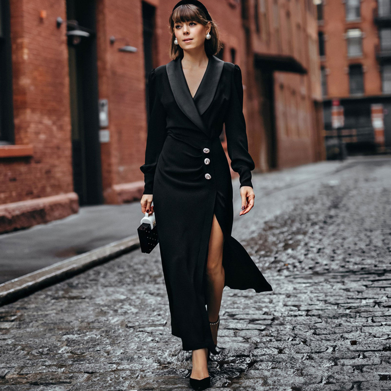 

2021 New Autumn Sexy Style Cleavage v Mangoes Long Elegant Temperament Self-cultivation Nail Drill in Medium Length Women' Ecai, Black