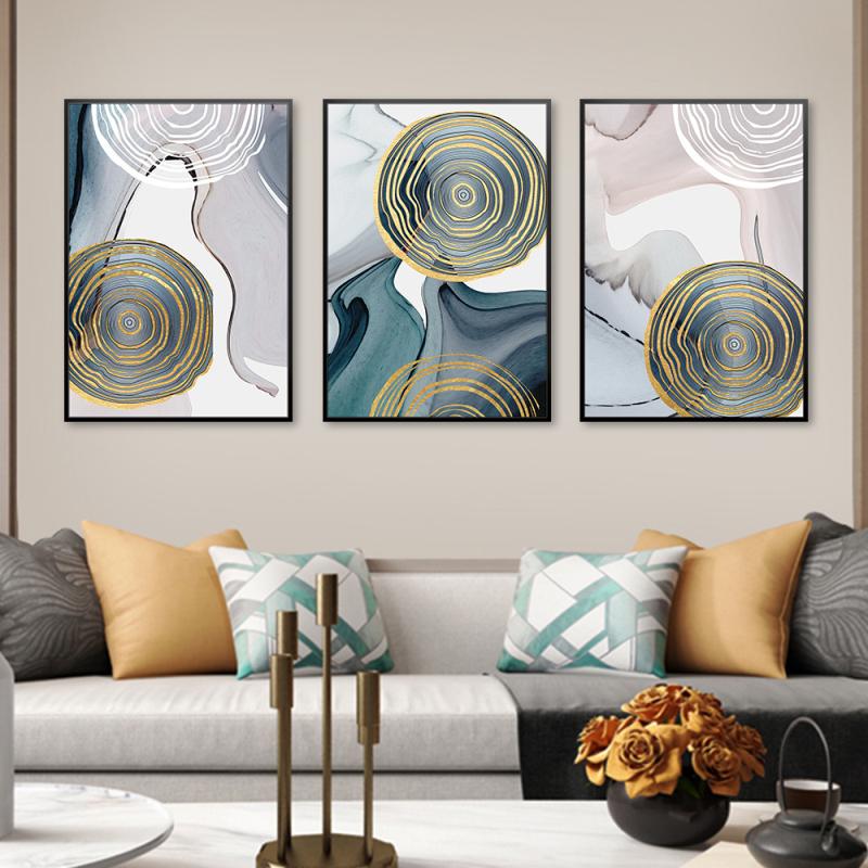 

Abstract Golden Blue Circle Ink and Wash Canvas Print Poster Wall Art Nordic Style Painting Picture for Living Room Home Decor