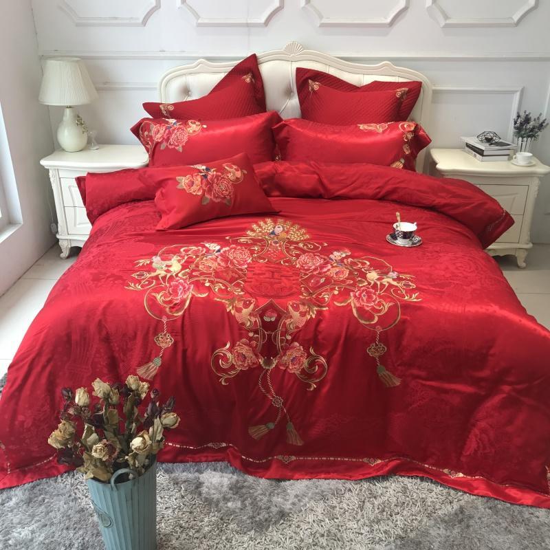 

Red Wedding Bedding Embroidery Duvet cover set Long-staple cotton Pillowcases Queen King Size Bed Bed Linen 4pcs 2020 new, Colour 9