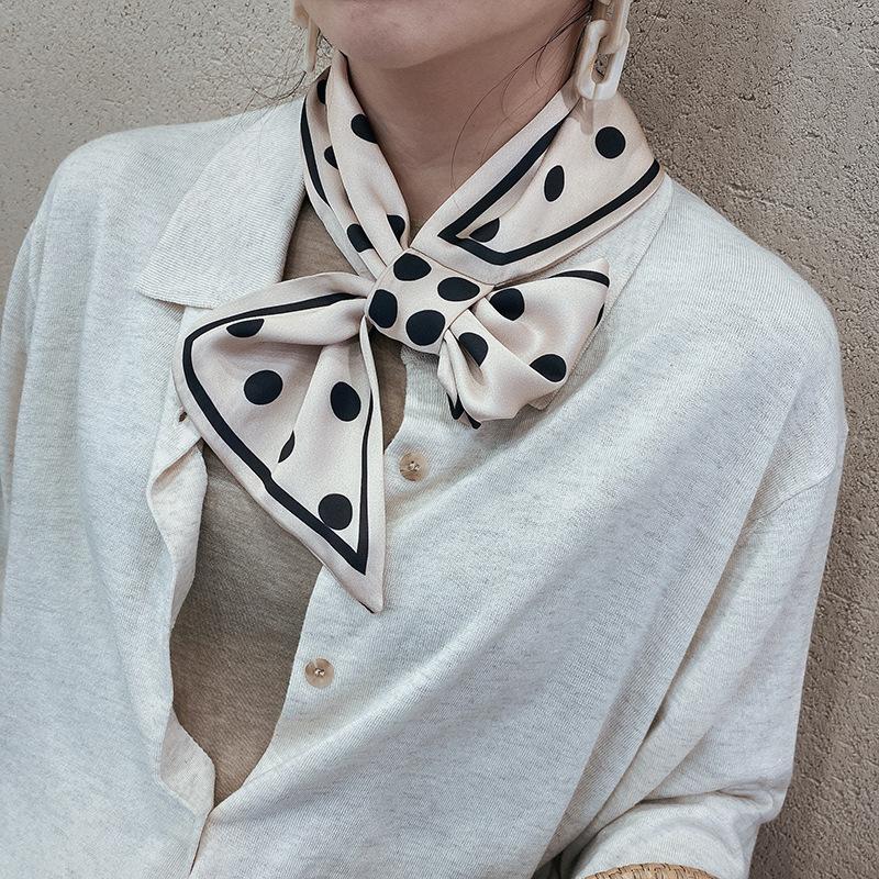 

2020 Silk Scarf Women Wild Temperament Buckle Tied Hair Decorative Head Chiffon Hijab beige Dot Ladies Scarve