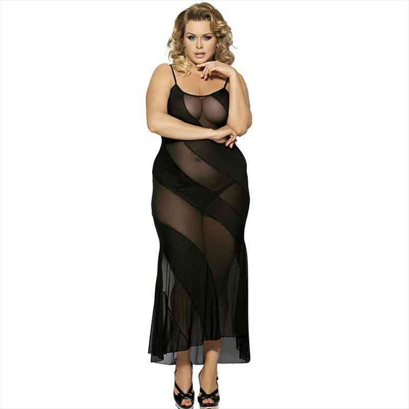 

Women Lingerie See Through Semi Mesh Babydoll Sexy Dress Black Suspenders Long Dress Plus Size Sexy Robe R7389, Black;gray
