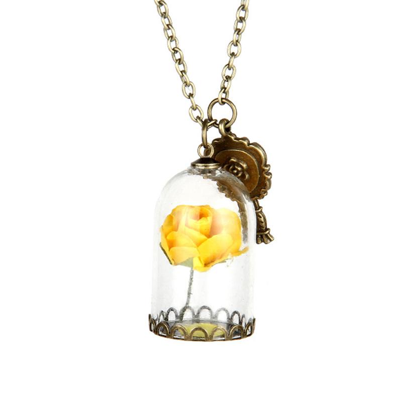 

Fashion Necklace Enchanted Rose in Terrarium Pendant Plated Valentines Day Fairy Tale Victorian Jewelry