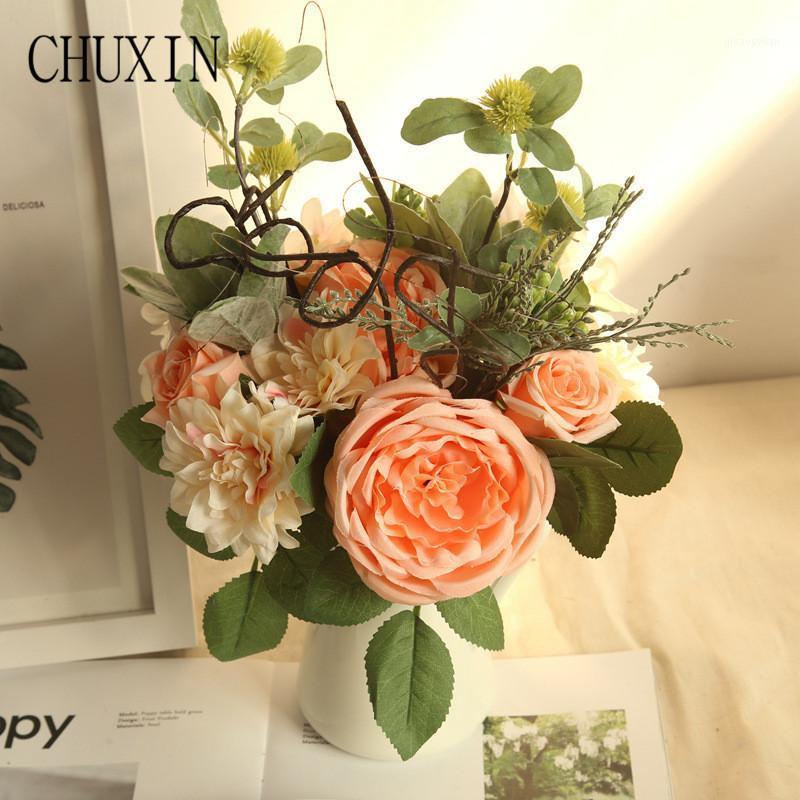 

Wedding decoration dahlia peony bouquet artificial silk DIY home decoration fake flower wedding Bride holding Christmas Gift1, Peach pink