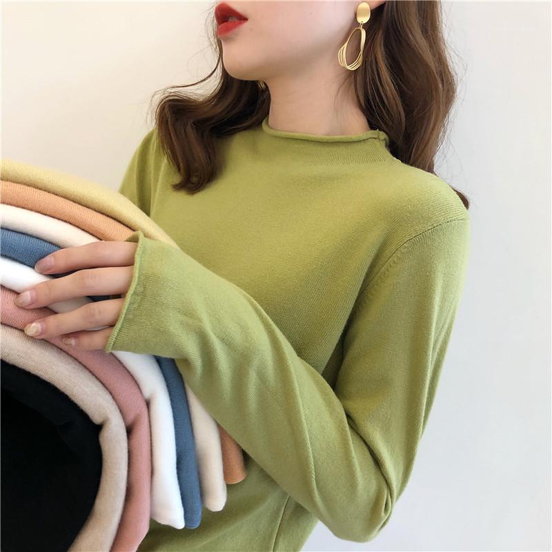 

Autumn Spring Sweater Women Long Sleeve Pullover Women Basic Sweaters Button Half Turtleneck Korean Style Knit Tops Sexy Cute1, Black