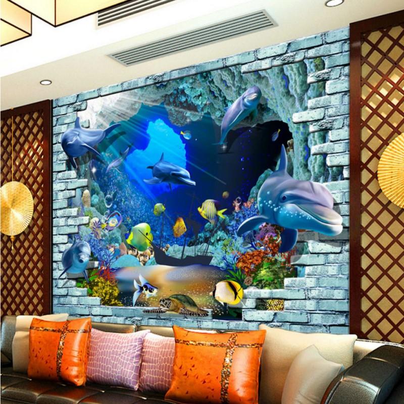 

Dropship Custom Mural 3D Underwater World Space Fresco TV Background Wall Mural Children Room Aquarium Custom Wallpaper, As pic