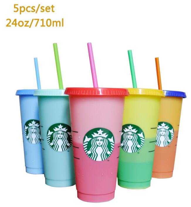 

DHL Starbucks 24OZ Color Change Tumblers Plastic Drinking Juice Cup With Lip Magic Coffee Mug Costom DHL Free Shipping