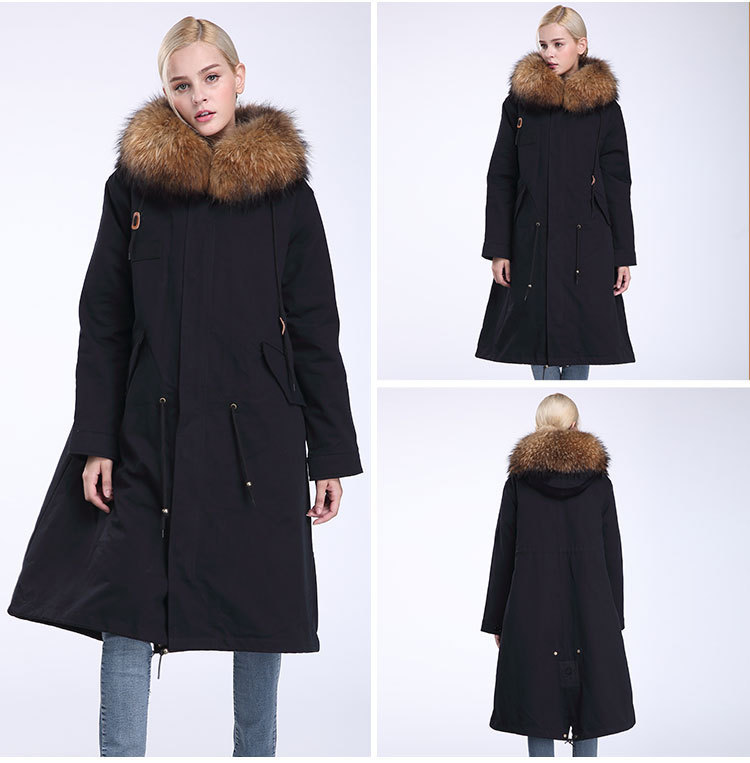 

2020 yiwu new design raccoon skin collar parka real winter fur coat of lady high quality elegant jacket, Black